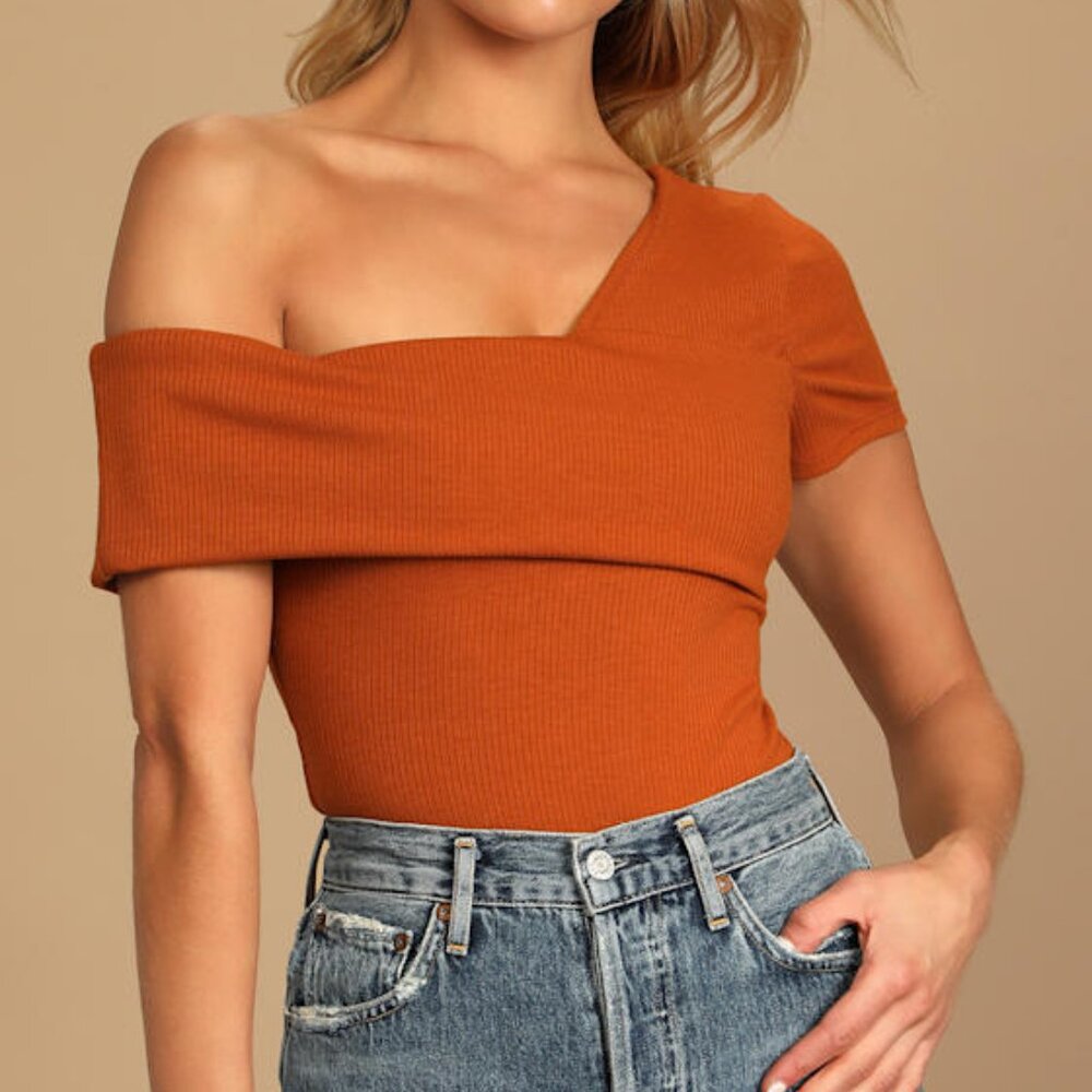 Lulus My Charming Ways Rust Orange Ribbed One Shoulder Bodysuit - Size S